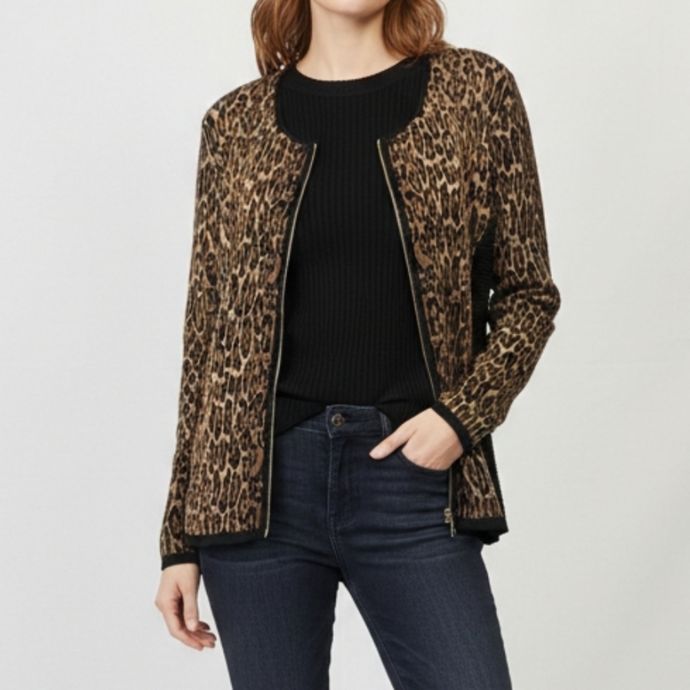 Cache Leopard Print Zip Front Knit Cardigan Sweater Size XL Animal Cheetah